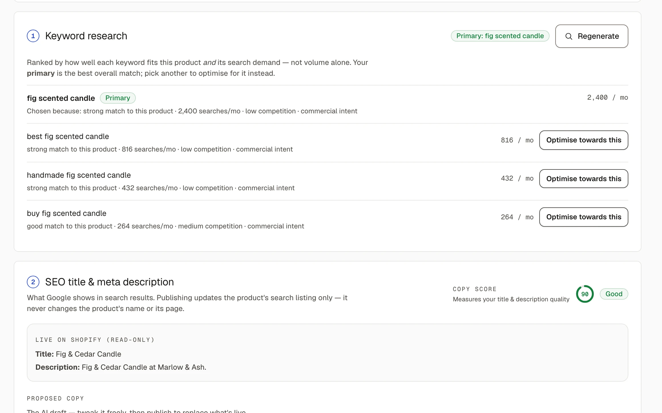 Sauron product keyword panel showing the primary keyword with live monthly search volume and supporting keywords ranked by relevance