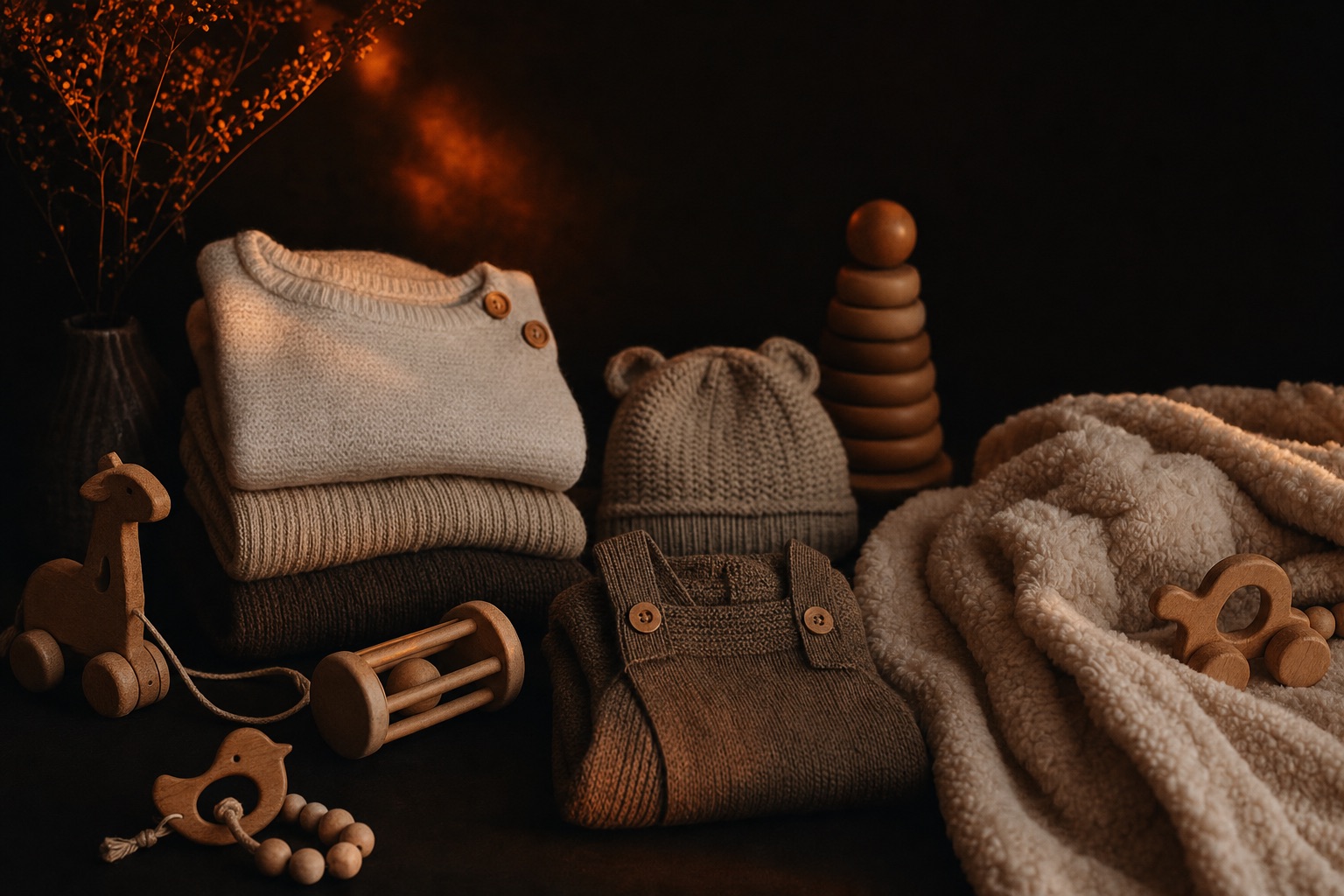 Baby & Kids products — dark editorial still life