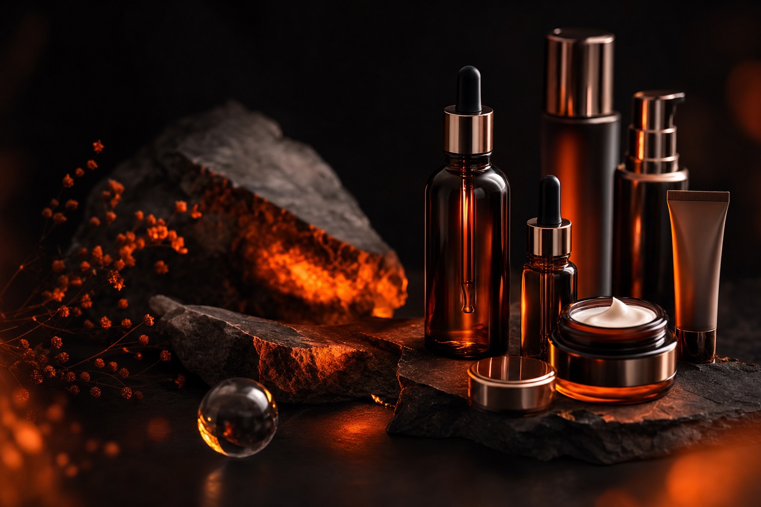 Beauty & Skincare products — dark editorial still life