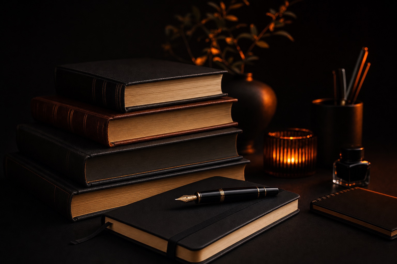 Books & Stationery products — dark editorial still life