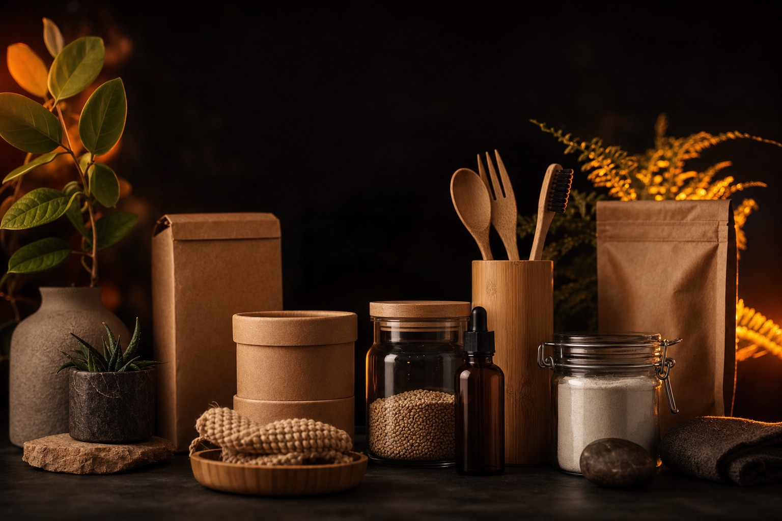Eco & Sustainable products — dark editorial still life