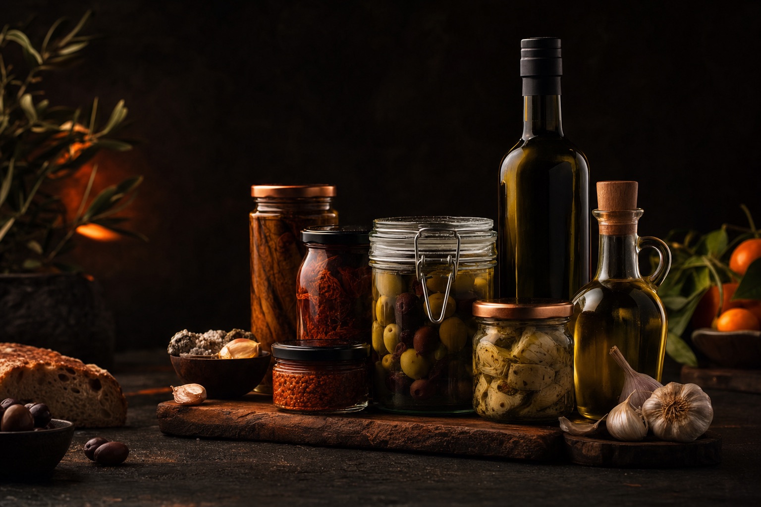 Food & Beverage products — dark editorial still life