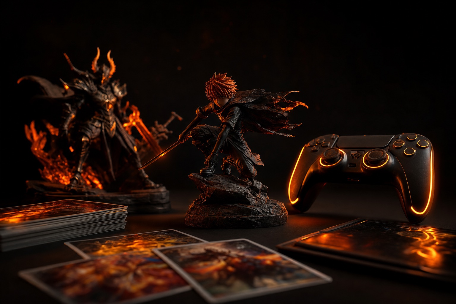 Gaming & Collectibles products — dark editorial still life