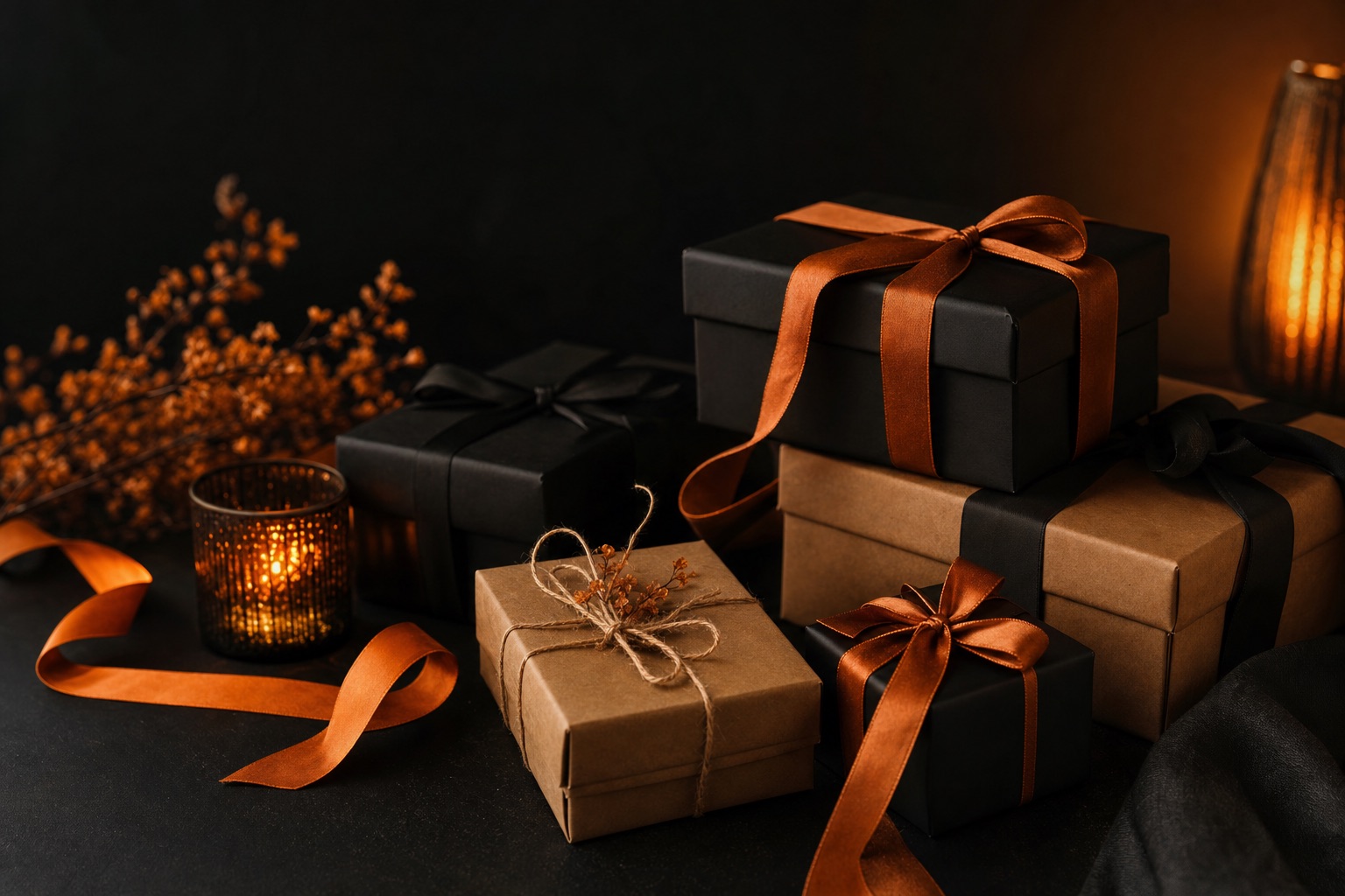 Gifts products — dark editorial still life