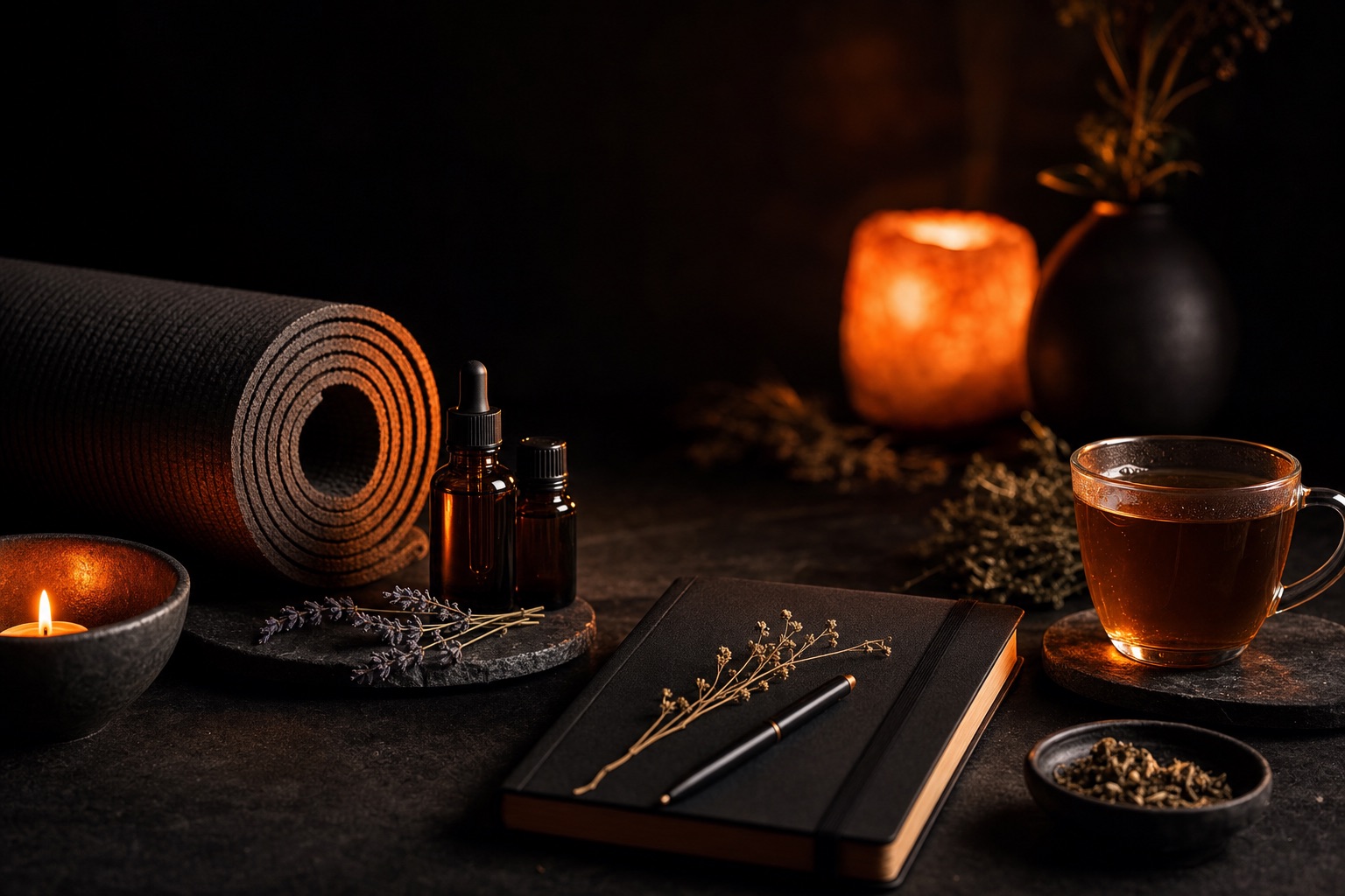 Health & Wellness products — dark editorial still life