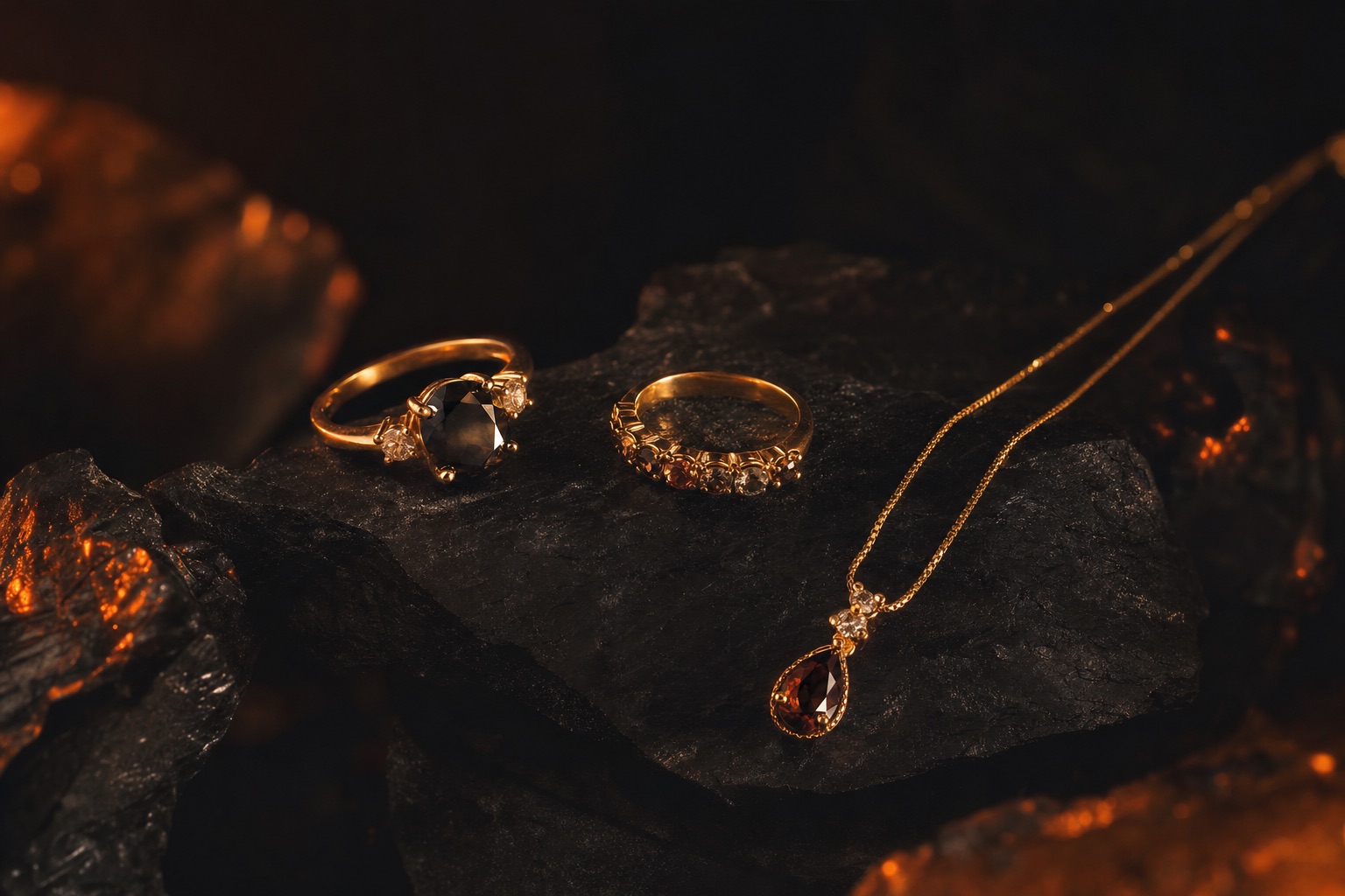 Jewelry products — dark editorial still life