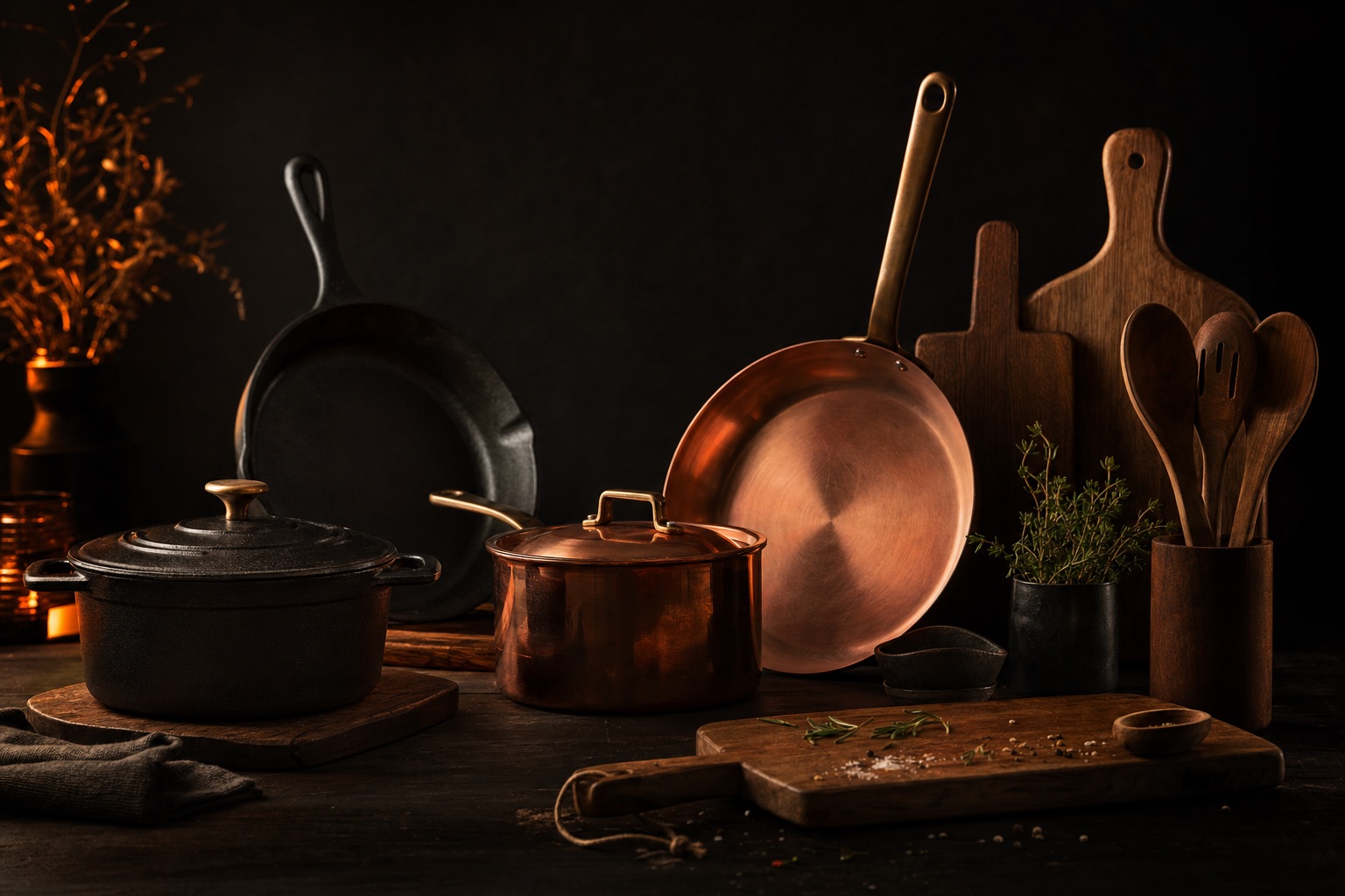 Kitchen & Cookware products — dark editorial still life