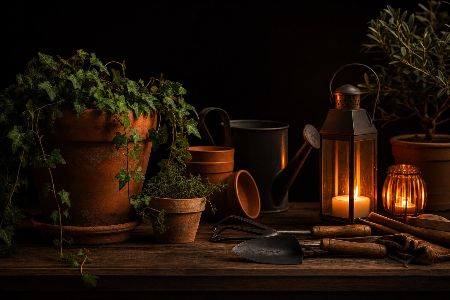 Outdoor & Garden products — dark editorial still life