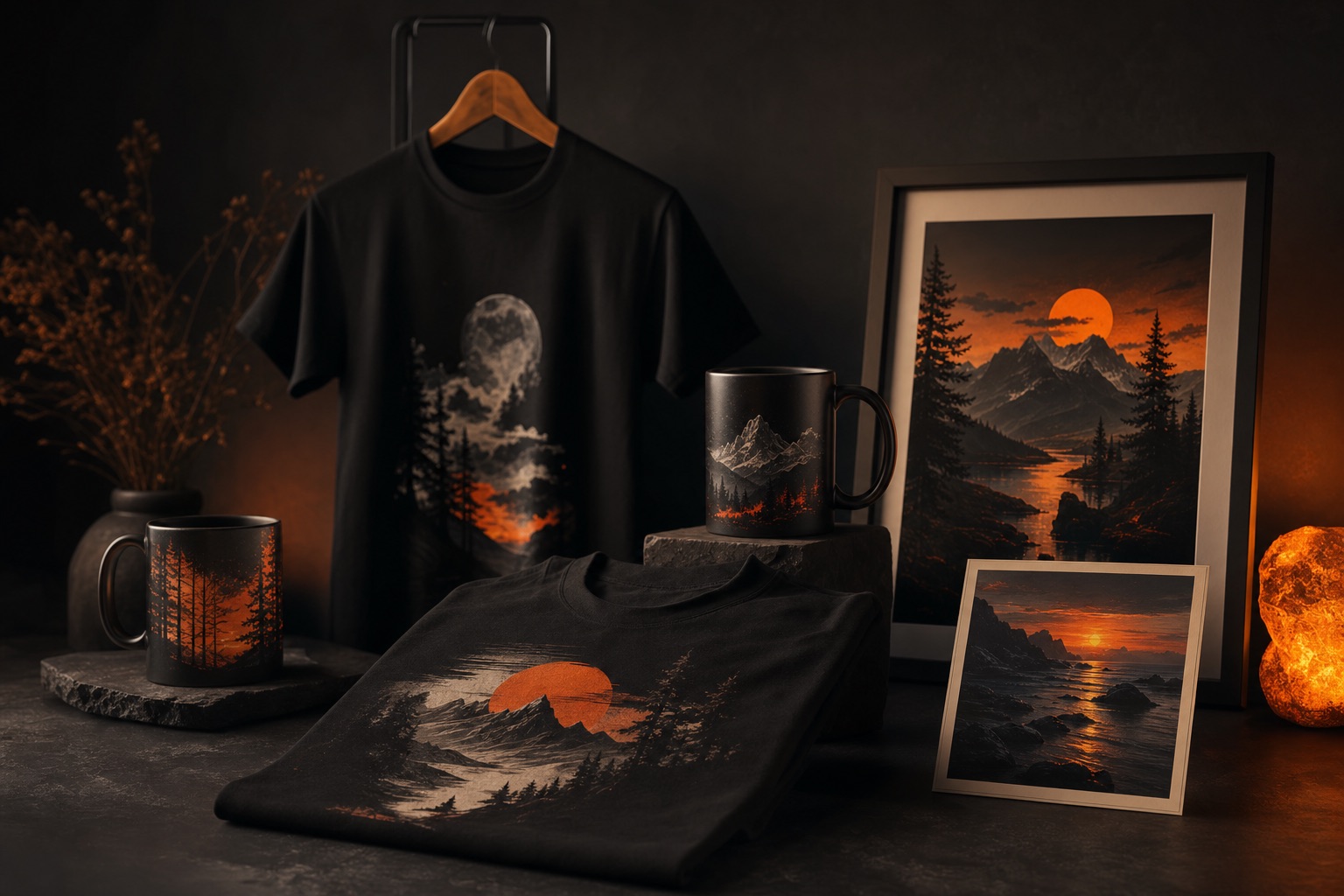 Print-on-Demand products — dark editorial still life