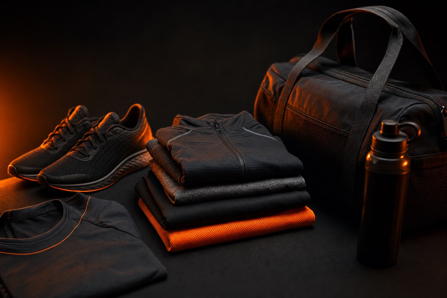 Sportswear & Activewear products — dark editorial still life