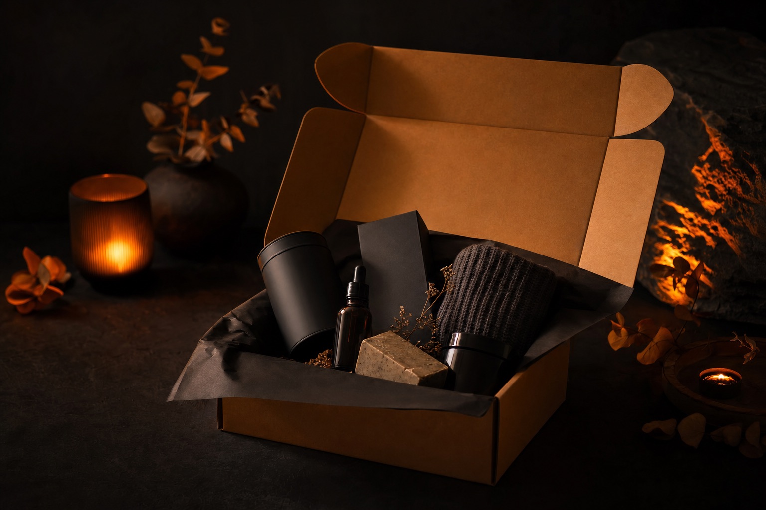 Subscription Boxes products — dark editorial still life