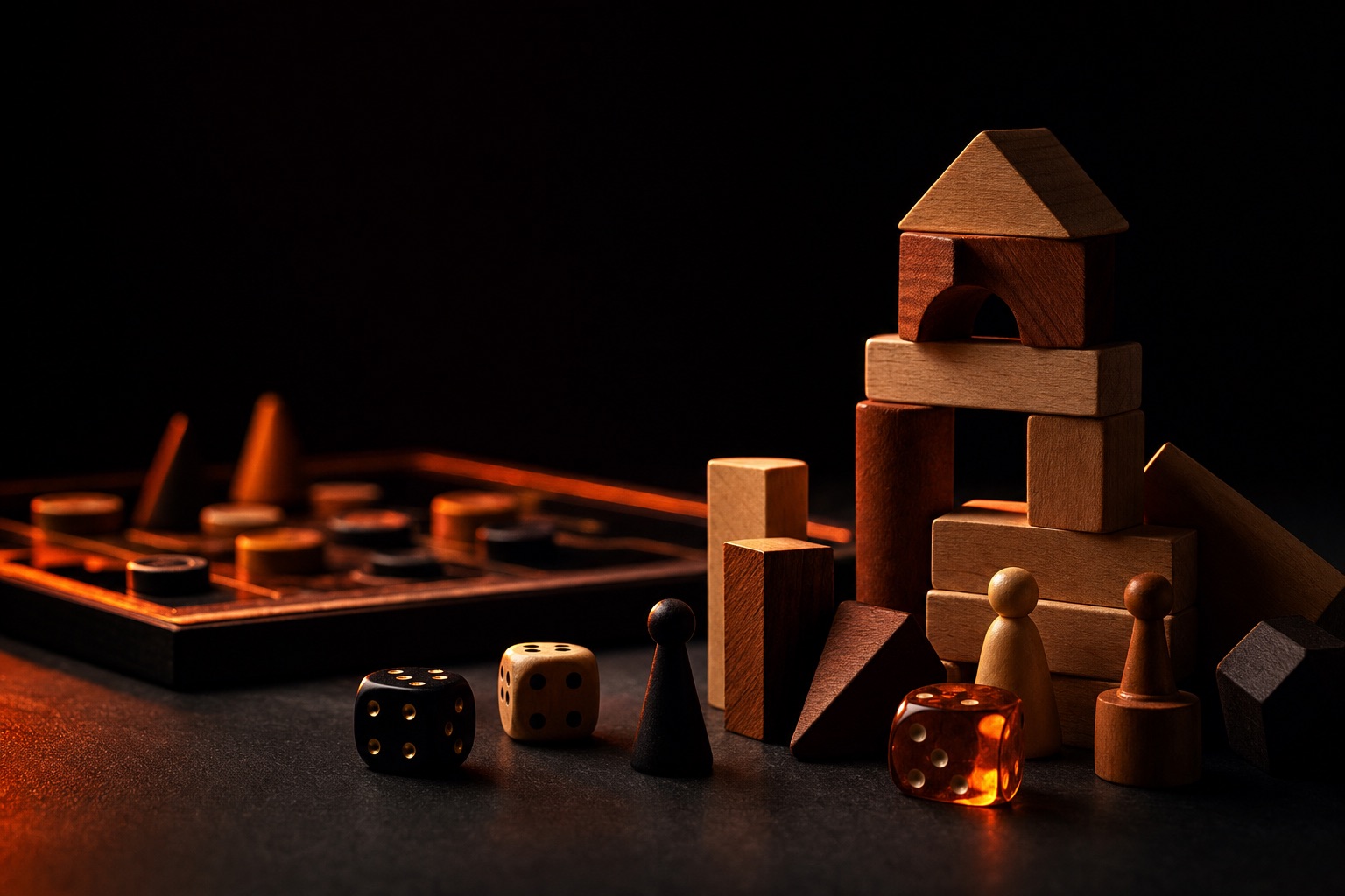 Toys & Games products — dark editorial still life