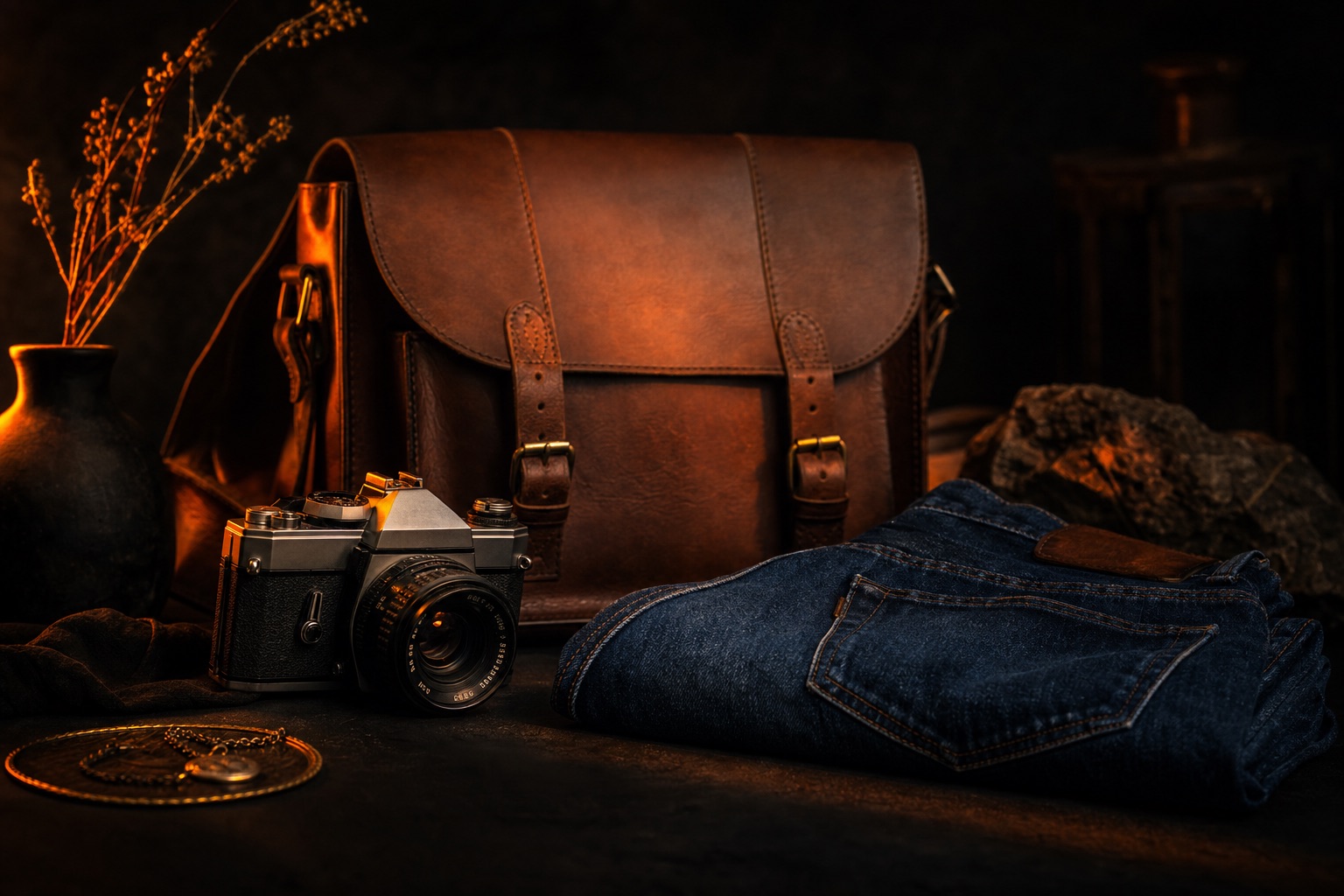 Vintage & Secondhand products — dark editorial still life